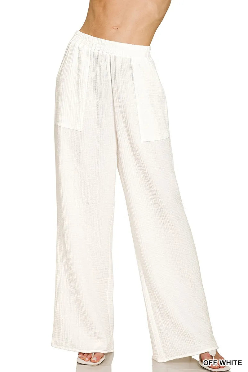 Off White Zenana Double Gauze Elastic Band Pants