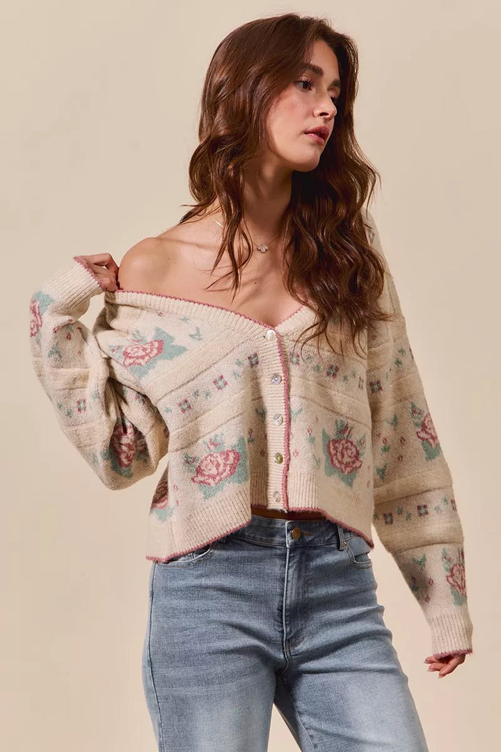 Beige So Me Floral Pattern Long Sleeve Button Sweater Cardigan