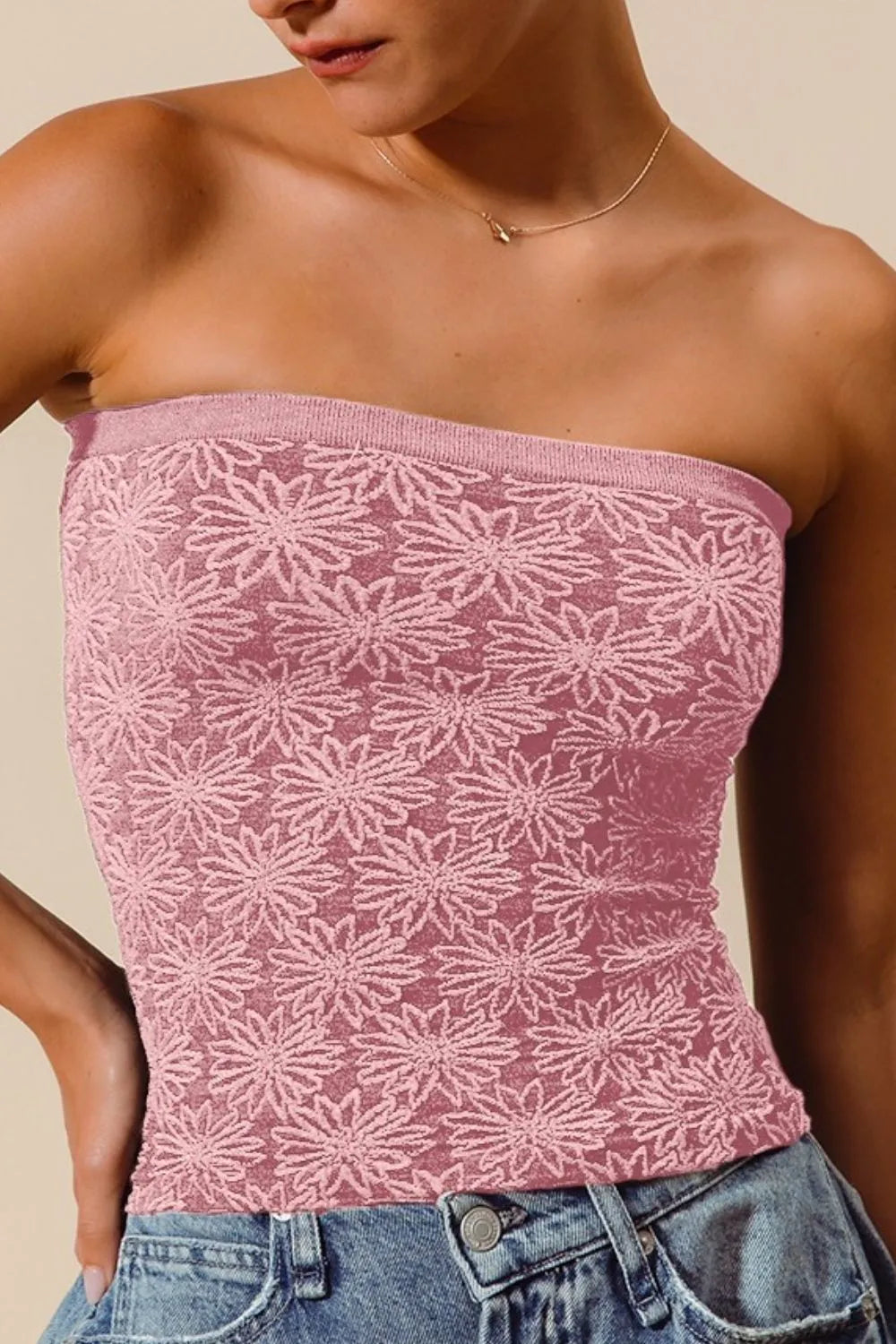 Vintage Pink So Me Jacquard Floral Two Tone Seamless Tube Top