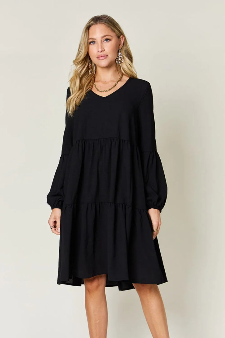 Black Double Take Full Size V Neck Balloon Sleeve Tiered Dress With Pockets