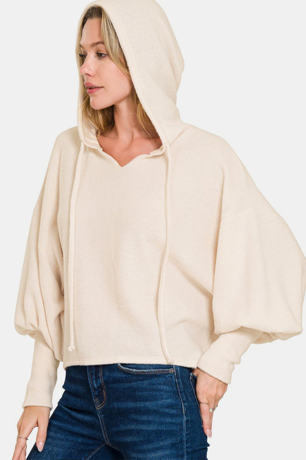 Sand Beige Zenana Brushed Hacci Drop Shoulder Cropped Hoodie 1