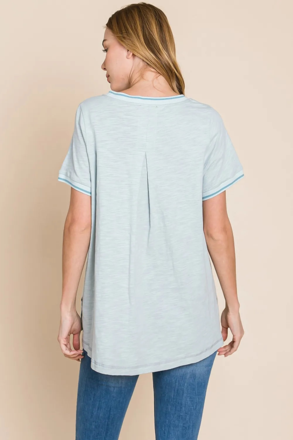 Seafoam Cotton Bleu By Nu Lab Contrast Trim Short Sleeve Slit T Shirt