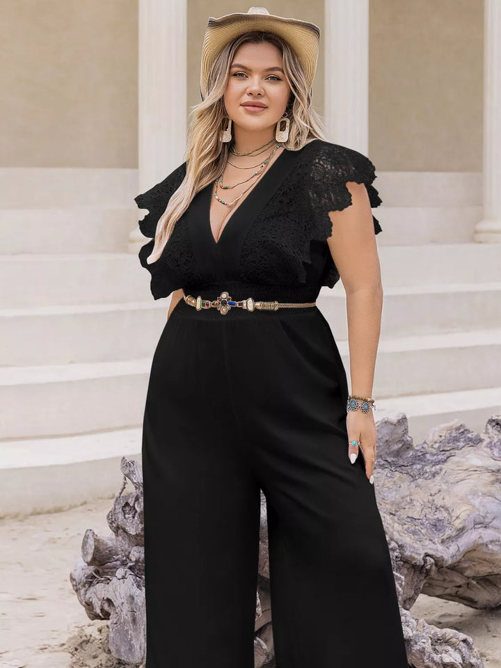 Black Plus Size Lace Cap Sleeve Wide Leg Jumpsuit