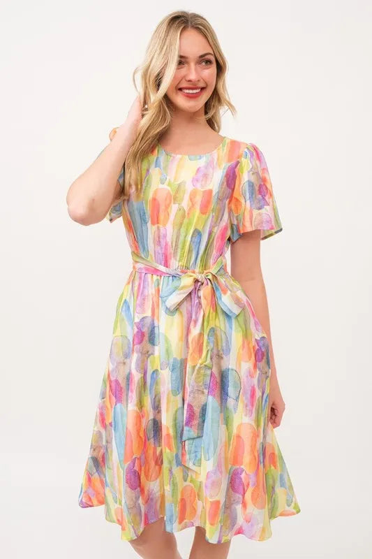 Lime N Chili Watercolor Print Tie Front Midi Dress