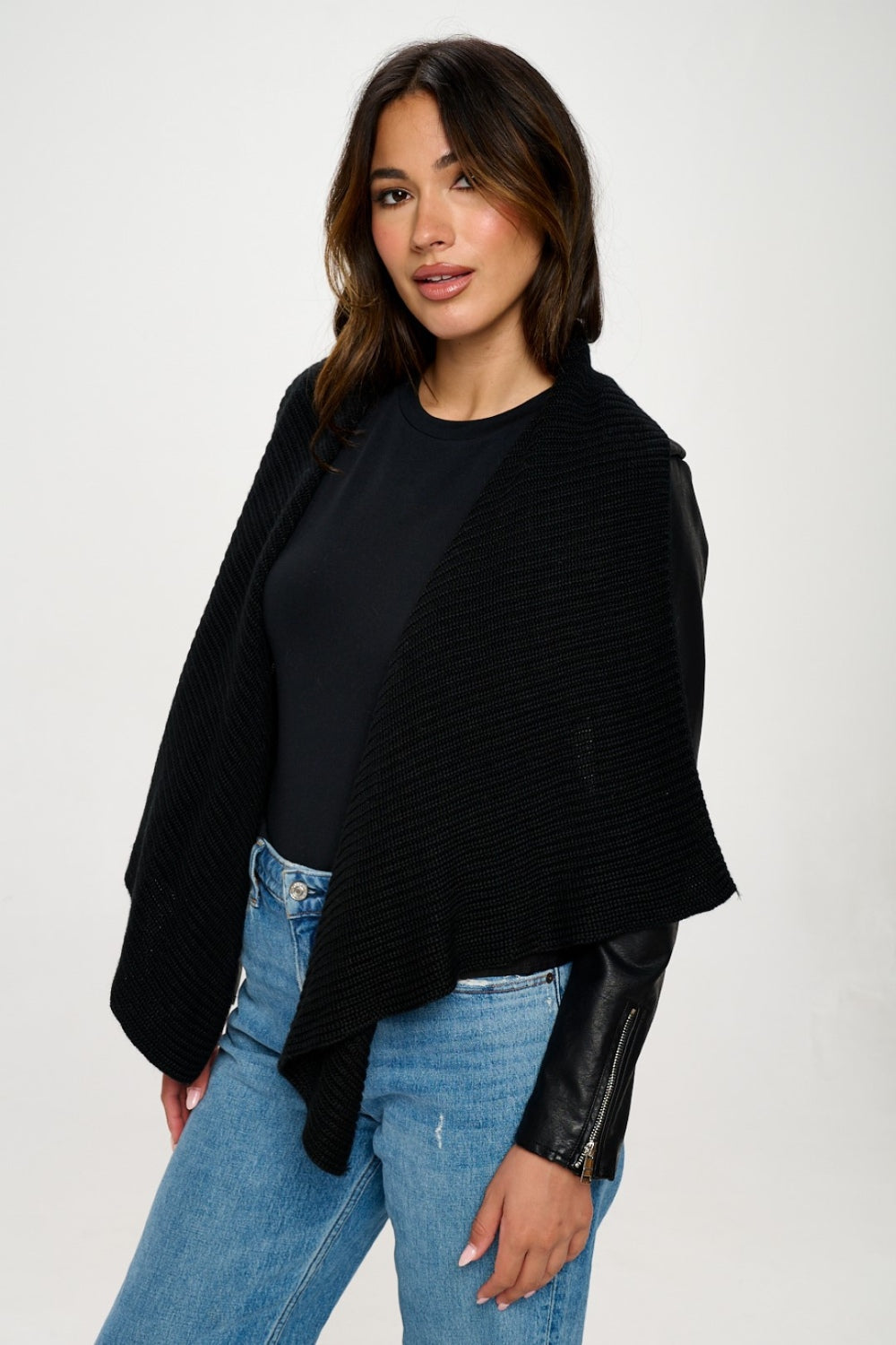Black Coalition La Knit Collared Faux Leather Crop Jacket