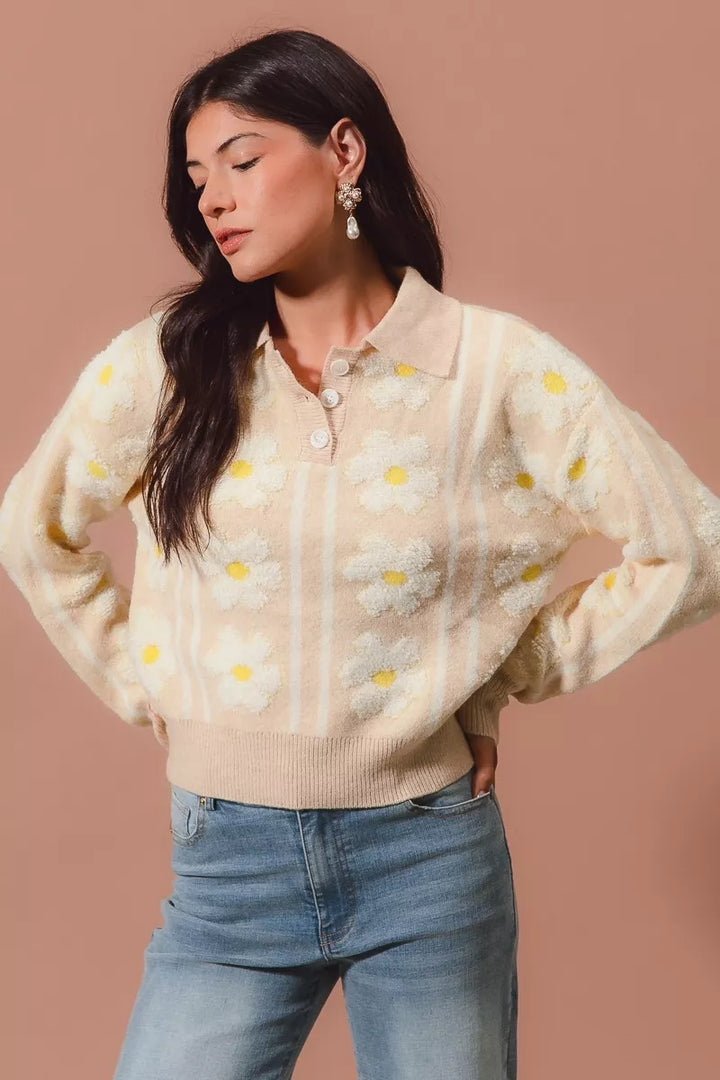 Oatmeal/Ivory So Me Floral Stripe Polo Collar Sweater