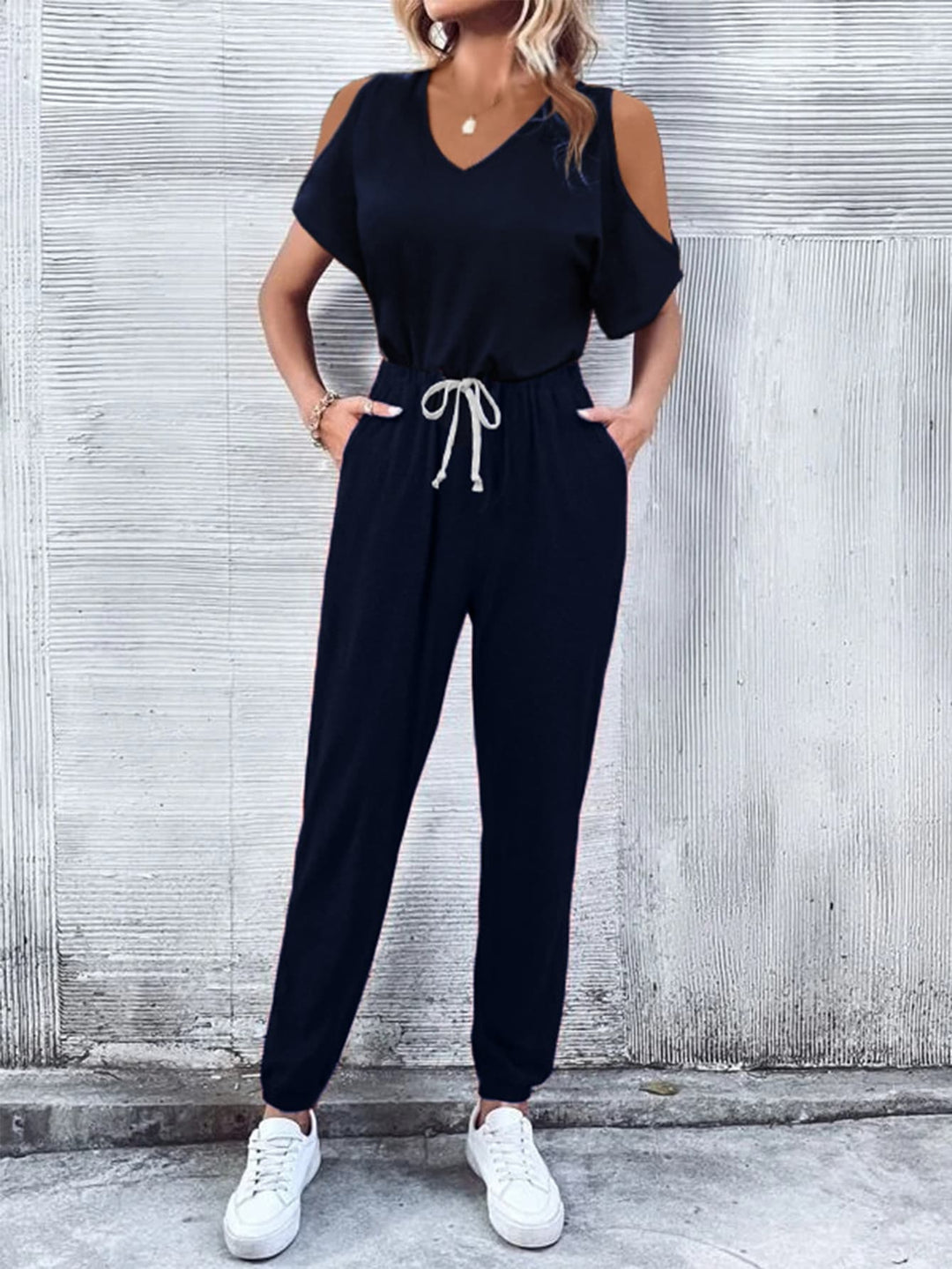 Dark Blue V Neck Cold Shoulder Jumpsuit With Pockets