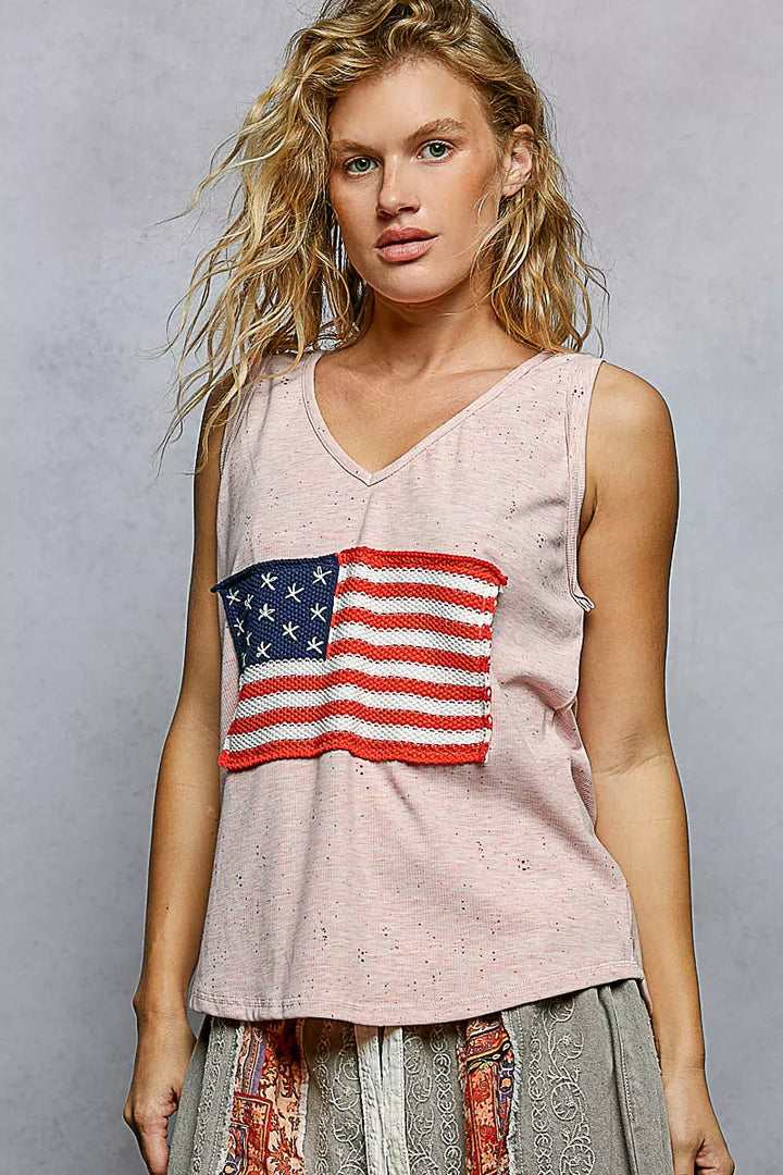 Soft Pink Pol V Neck Ribbed Tank With American Flag Patch And Star Back Patch