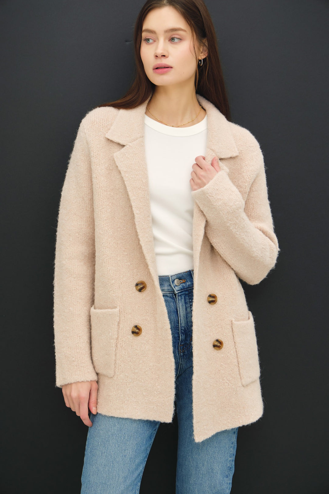 Blush Beige Be Cool Textured Double Breasted Coat With Pockets
