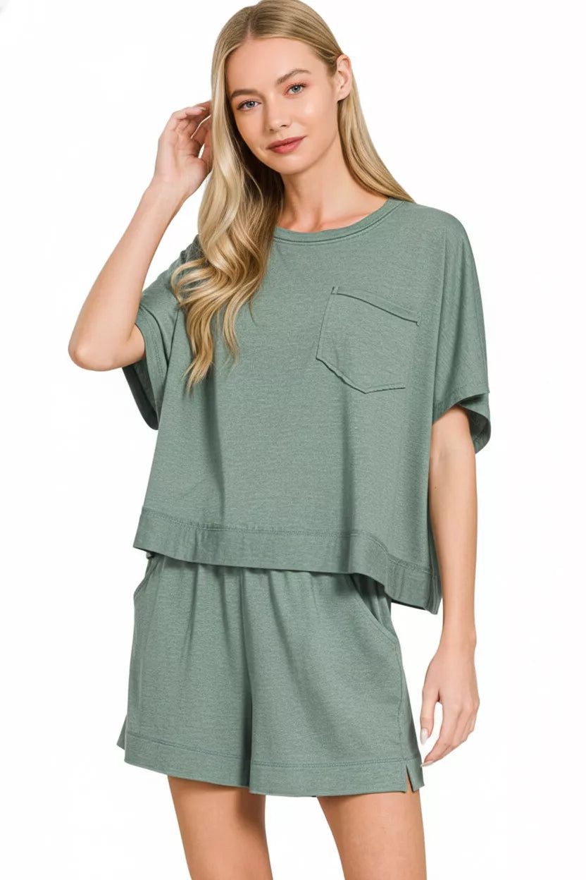 H Ash Jade Zenana Exposed Seam Boxy Top Shorts Set