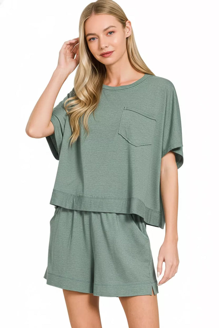 H Ash Jade Zenana Exposed Seam Boxy Top Shorts Set