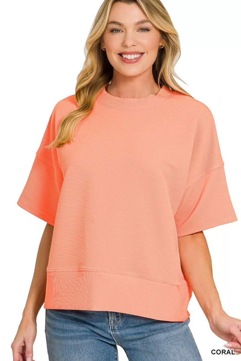 Coral Zenana Ribbed Round Neck Waist Banded T Shirt 1