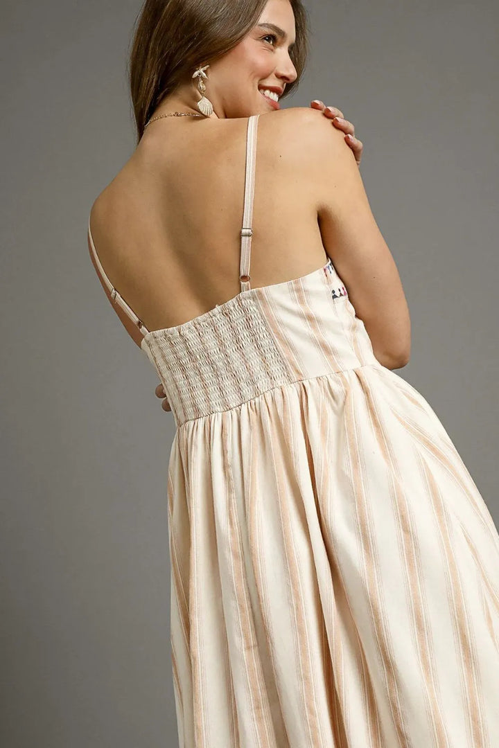 Umgee Striped Colorful Embroidered Trim Cami Dress