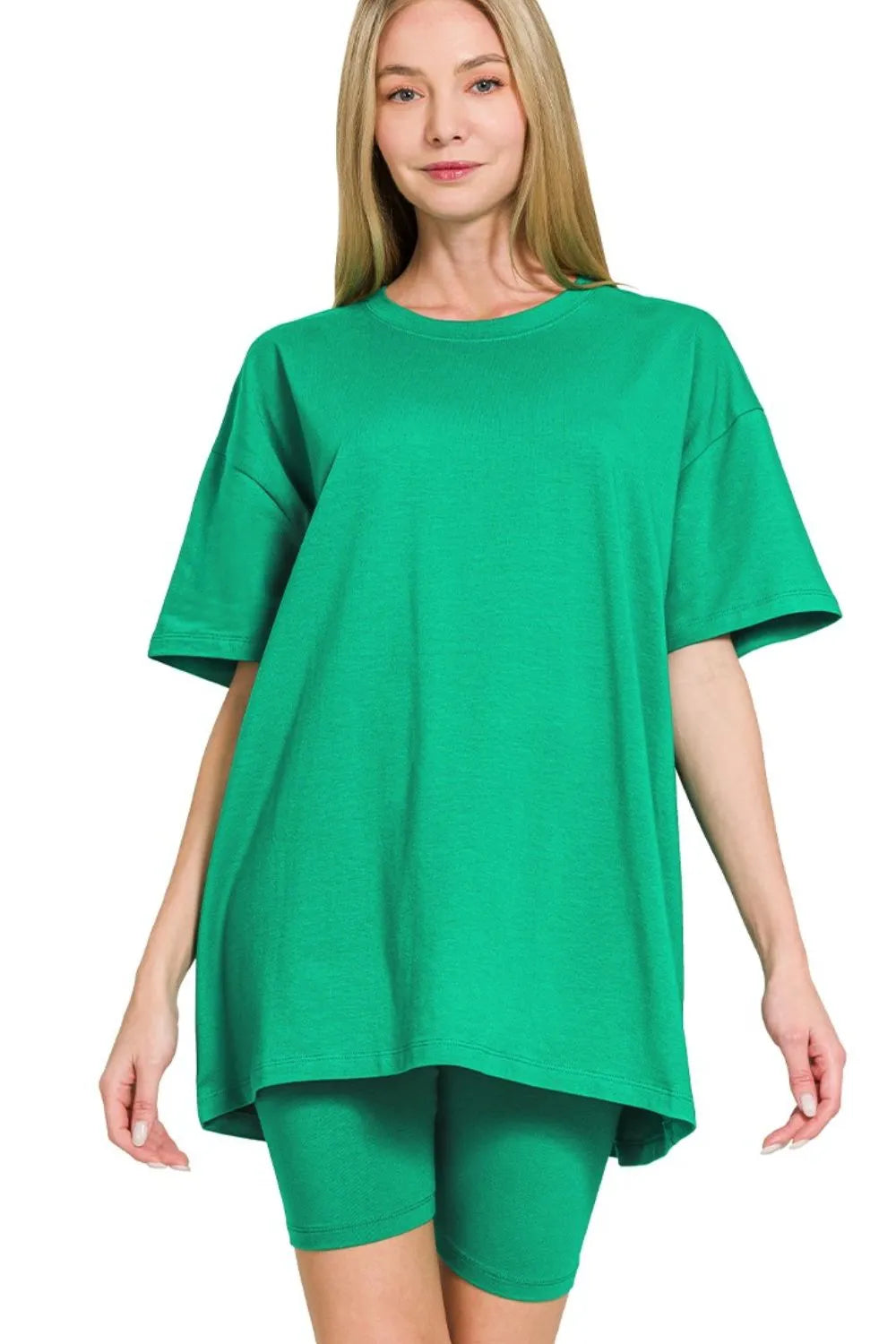 K Green Zenana Cotton Round Neck Top Biker Shorts 2