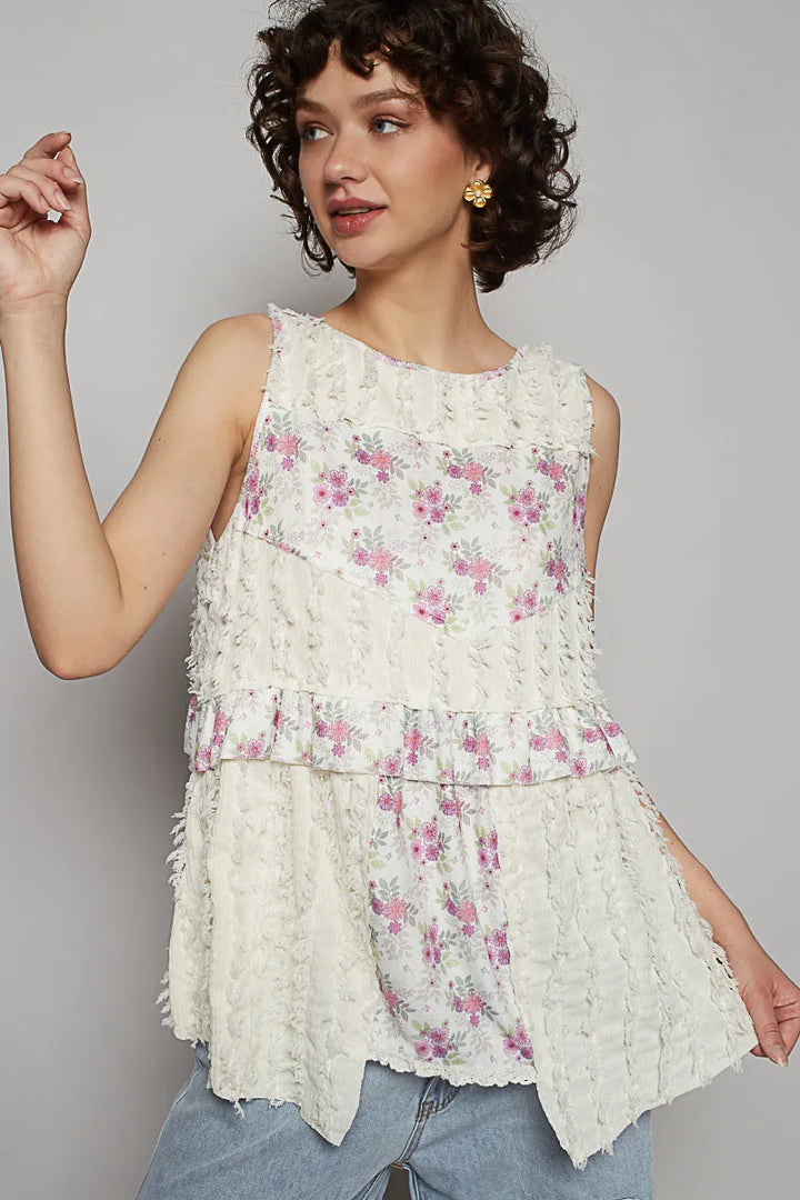 Pol Floral Textured Round Neck Sleeveless Top