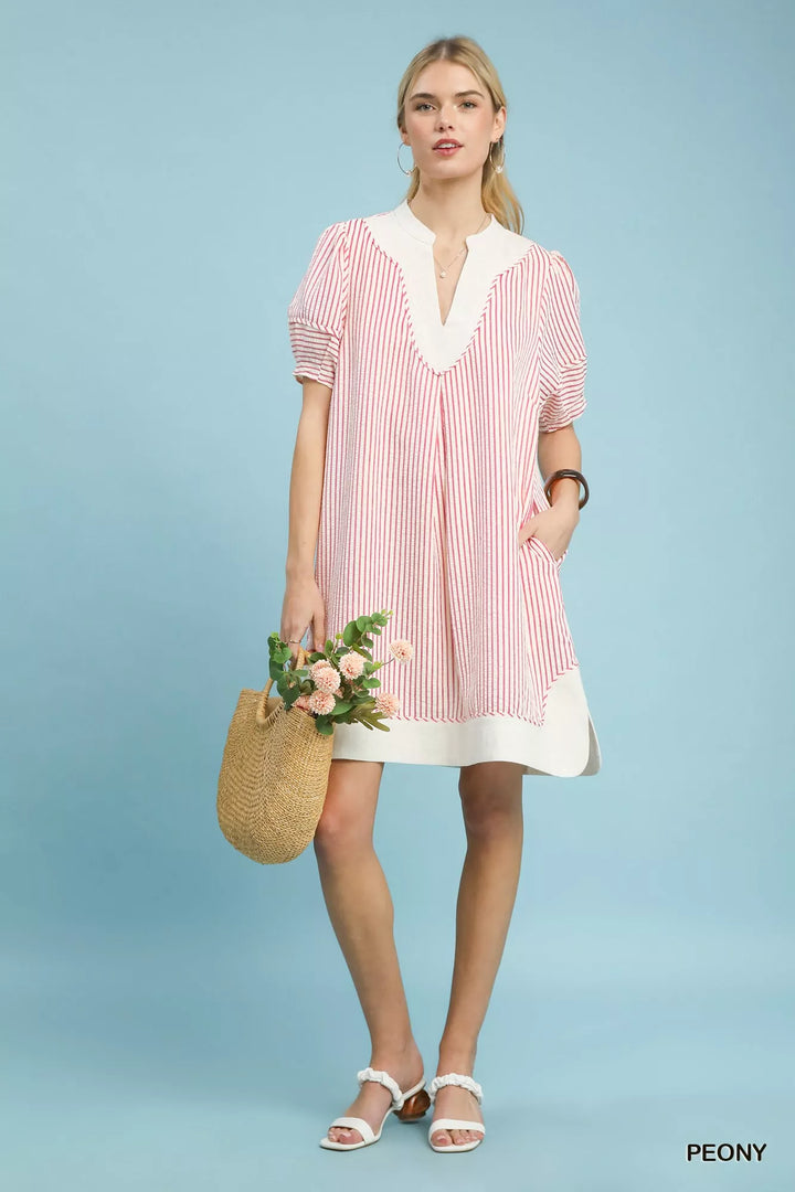 Umgee Pinstripe Shift Dress With Contrast Trim 1