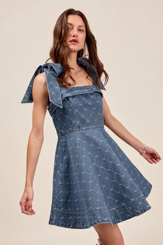 Denim So Me A Line Fit And Flare Diamond Bow Ribbon Denim Dres