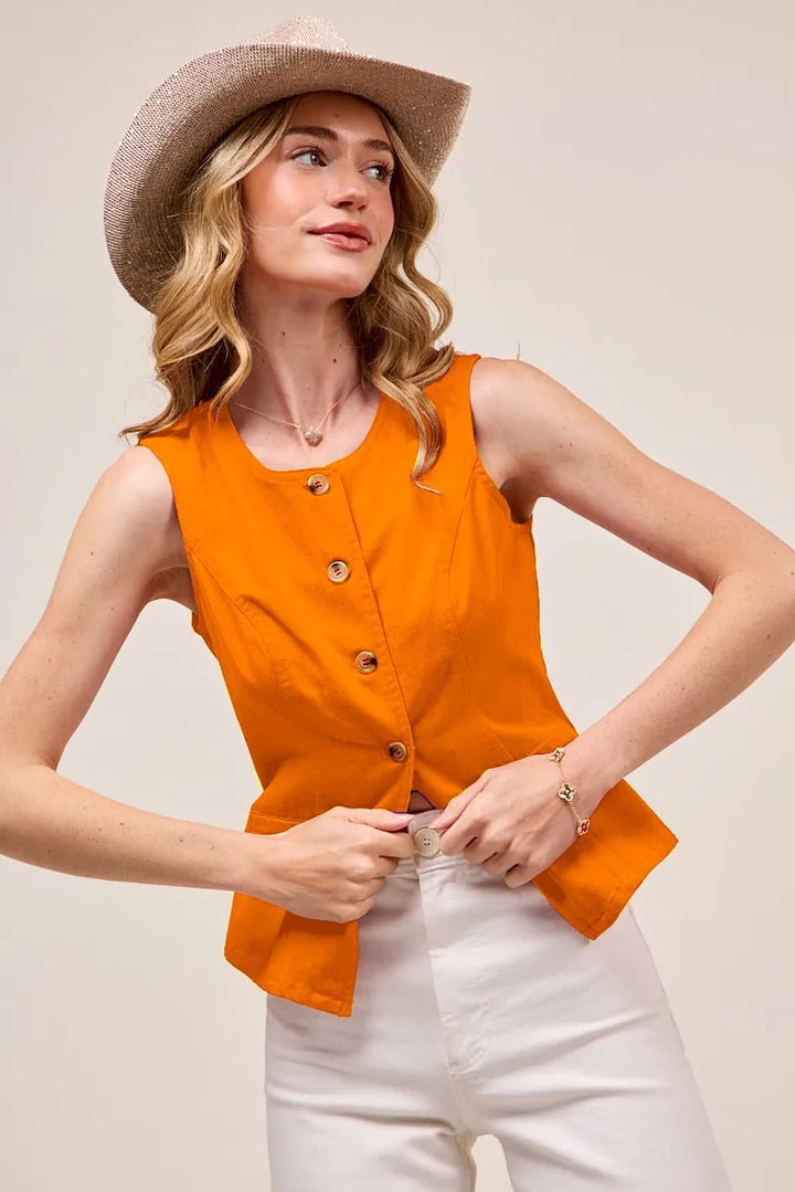 Orange So Me Slim Fit Button Front Game Day Color Denim Vest Top