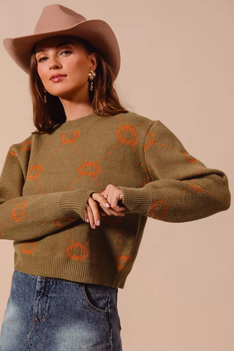 Olive/Rust So Me Pumpkin Rhombus Halloween Thanksgiving Sweater