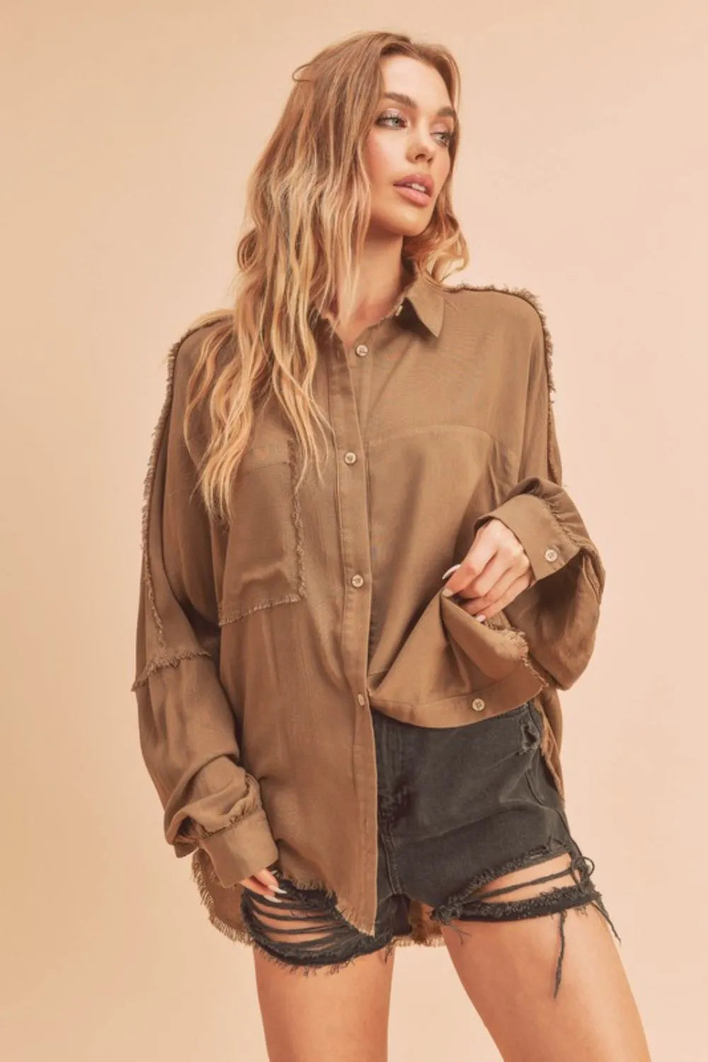 Camel Aemi Co Raw Edge Exposed Seam Collared Neck Long Sleeve Shirt