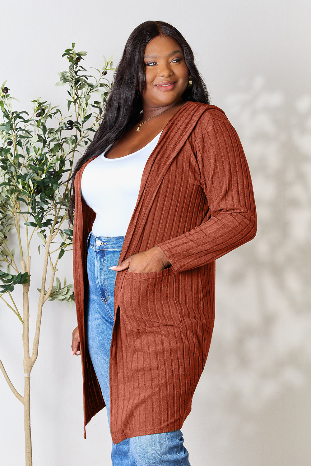 Rust Basic Bae Full Size Hooded Sweater Cardigan
