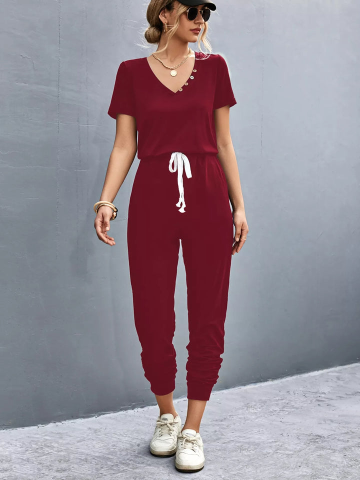 Burgundy Casual V Neck Short Sleeve Drawstring Waist Jumpsuit