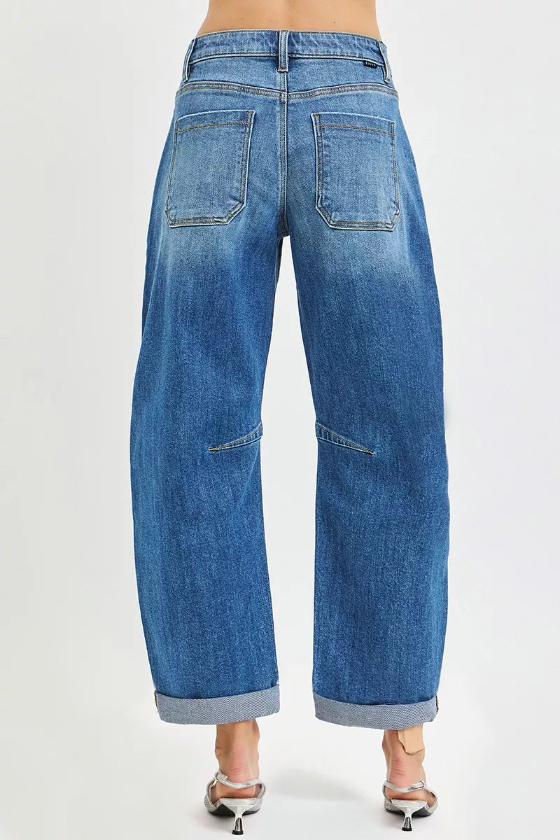 Medium Risen Slouchy Cropped Barrel Jeans With Cuffed Hem