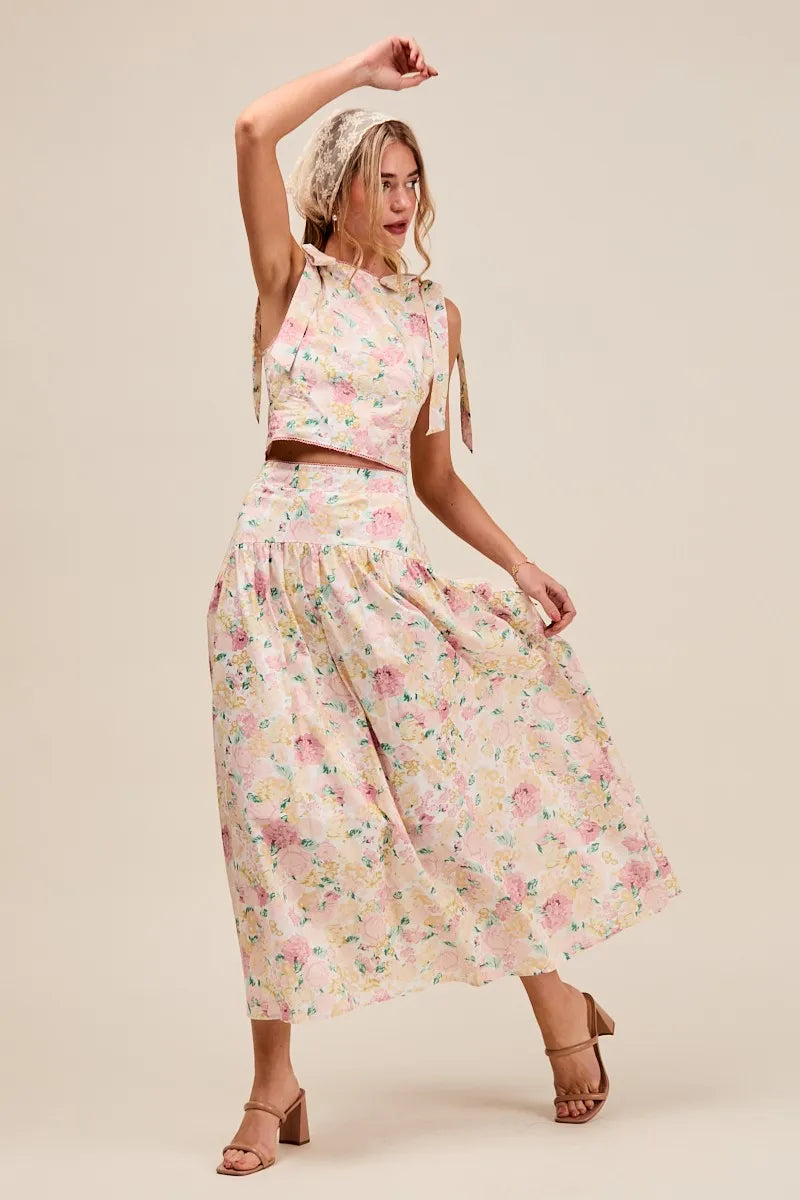 So Me Floral Printed Woven Shoulder Bow Tie Top And Skirt Set