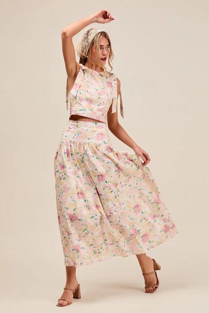 So Me Floral Printed Woven Shoulder Bow Tie Top And Skirt Set