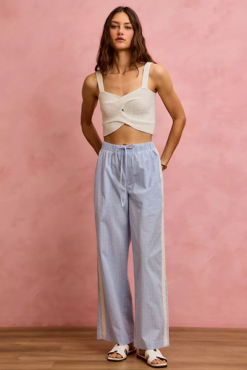 So Me Wide Check Pants With Side Lace Trim And Piping