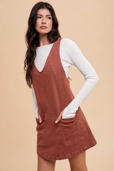 Rust Annie Wear V Neck Adjustable Strap Denim Overall Dress With Pockets
