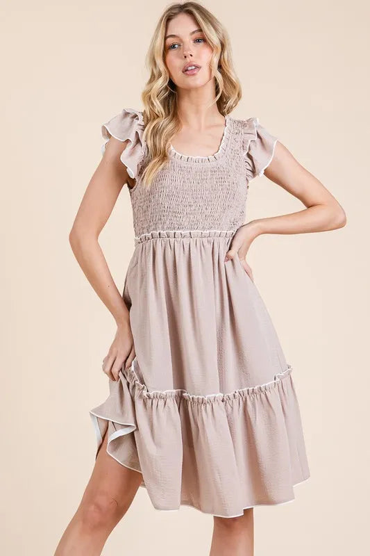 Taupe Lime N Chili Ruffle Trim Smocked Dress With Contrast