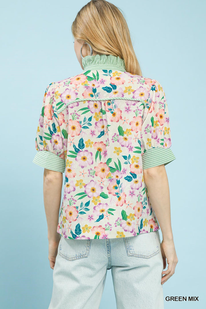 Green Mix Umgee Floral Print Jacquard Ruffle Top