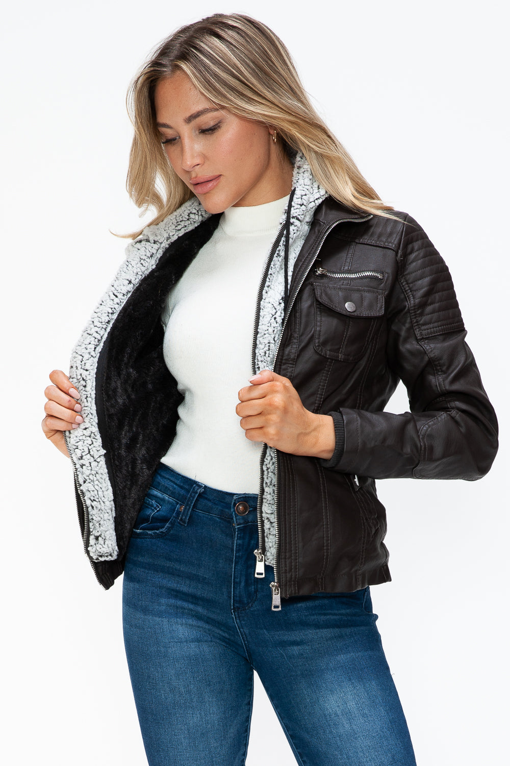 Ymi Removable Faux Layered Multi Pocket Jacket With Fuzzy Hood 3