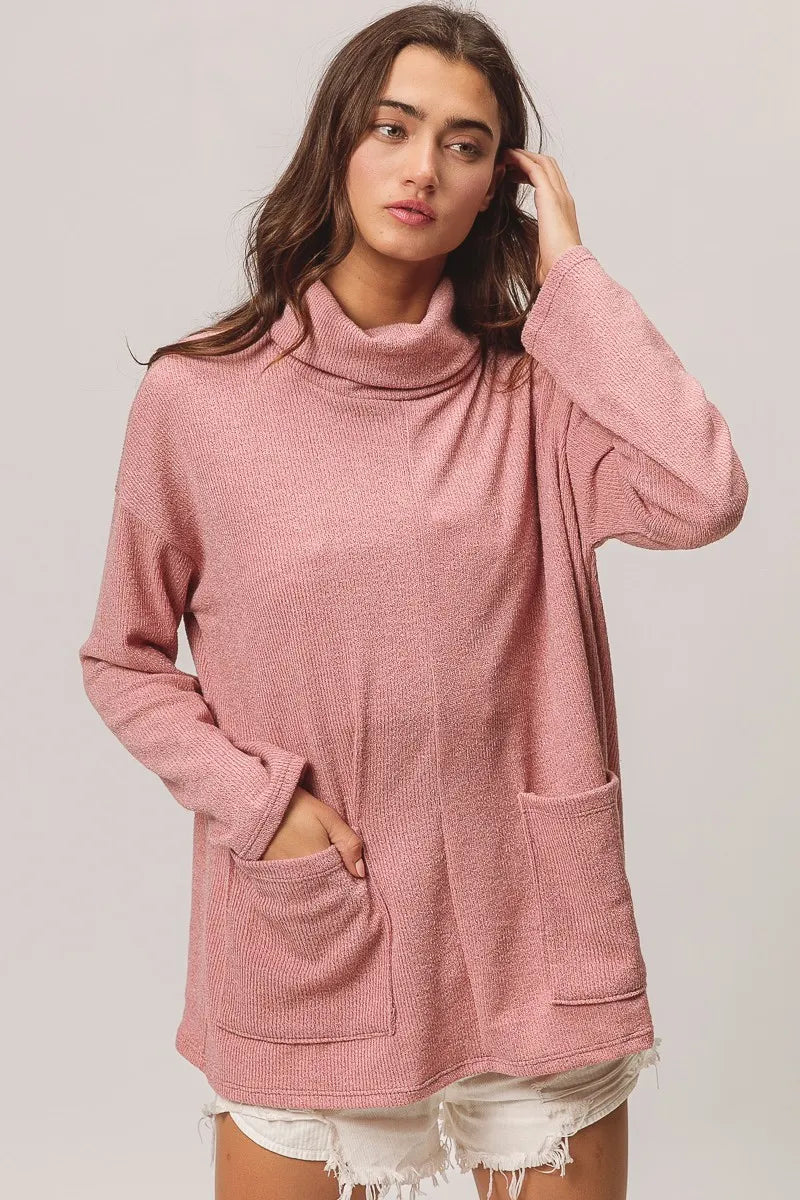 Mauve Bibi Piper Rib Double Pocket Turtle Neck Sweater