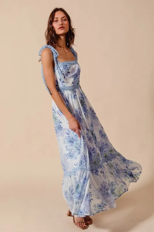 Off White/Blue So Me Floral Print Flowy Maxi Dress With Lace Ribbon Tie