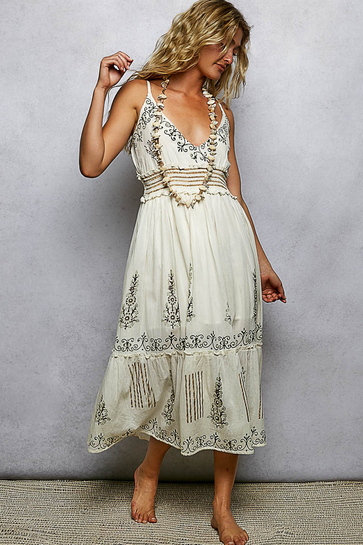 Natural Pol Smocked Waistband Floral Midi Cami Dress