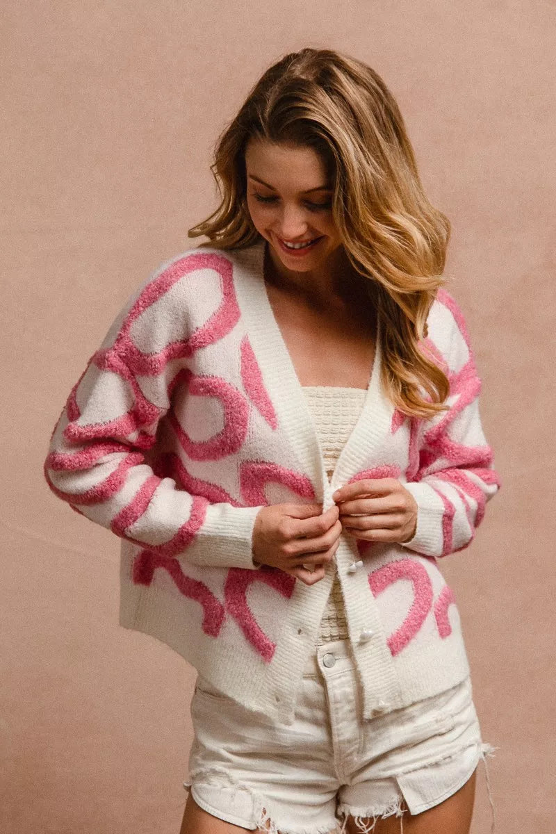 Bibi Textured Heart Buttoned V Neck Cardigan