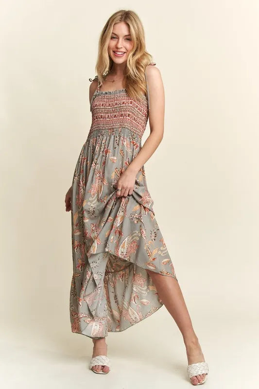 Sage Adora Smocked Printed Square Neck Tie Shoulder Cami Dress