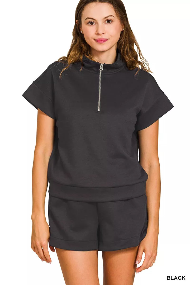 Black Zenana Scuba High Neck Half Zip Top And Dolphin Shorts Set