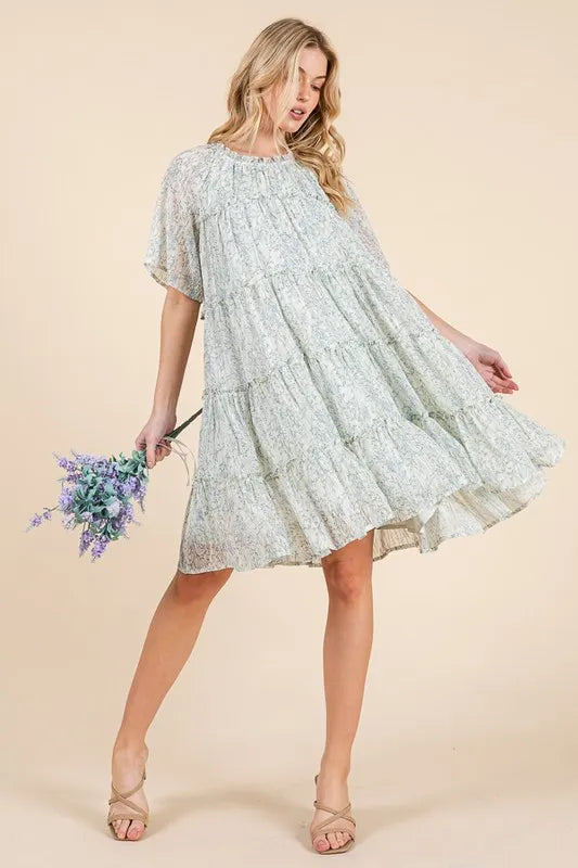 Ivory Combo Lime N Chili Ditsy Floral Print Sheer Ruffle Detail Mini Dress 1