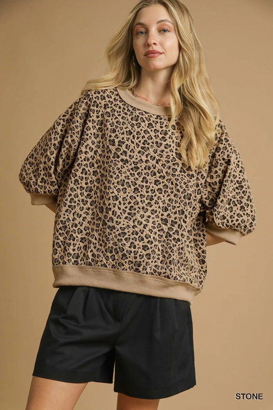 Stone Umgee Leopard Knit Jacquard Puff Sleeve Sweatshirt