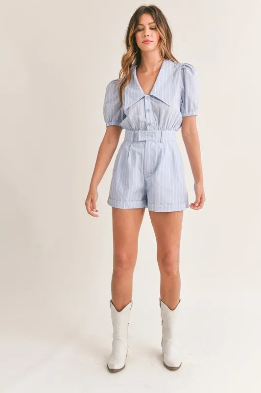 Mable Striped Puff Sleeve Collared Neck Romper 1
