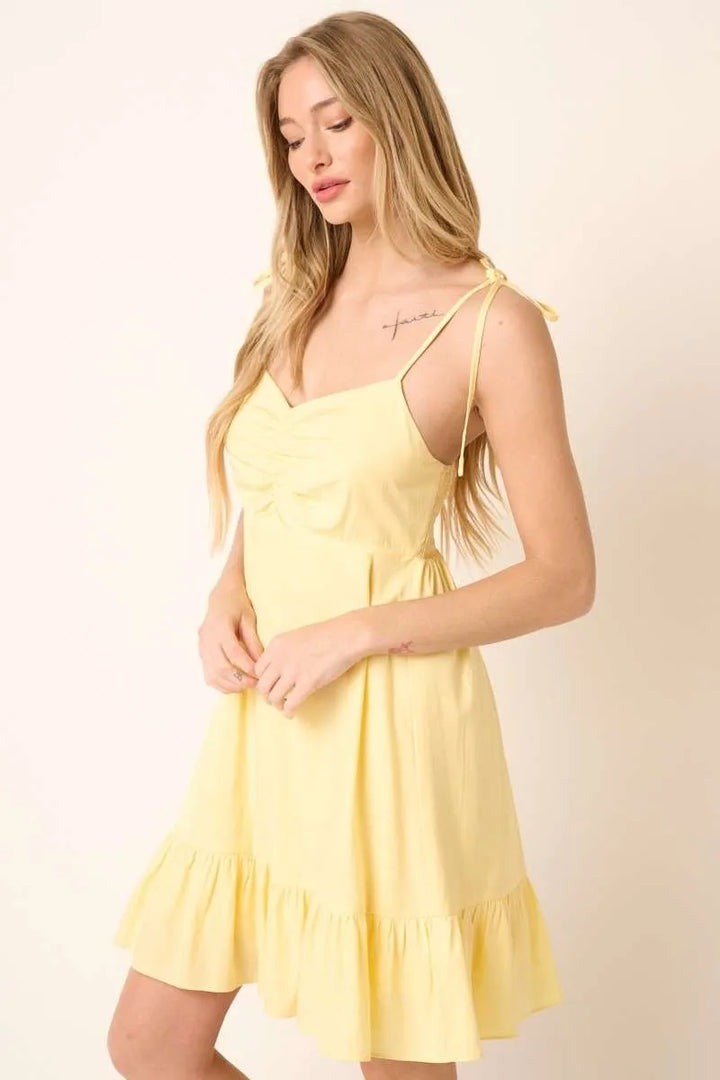 Yellow Mittoshop Ruched Detail Spaghetti Tie Mini Dress