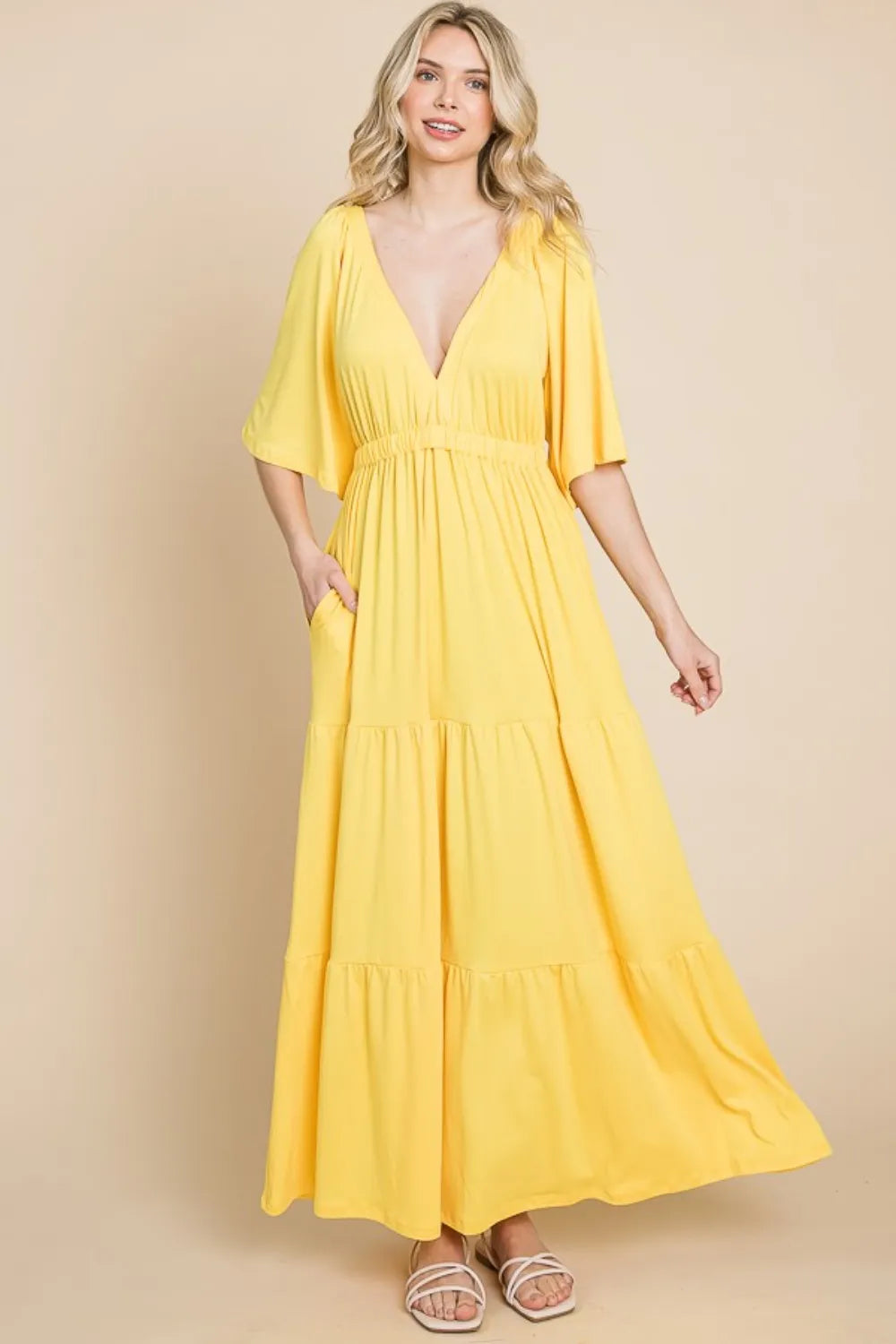 Lemonade Culture Code Backless Plunge Half Sleeve Tiered Dress