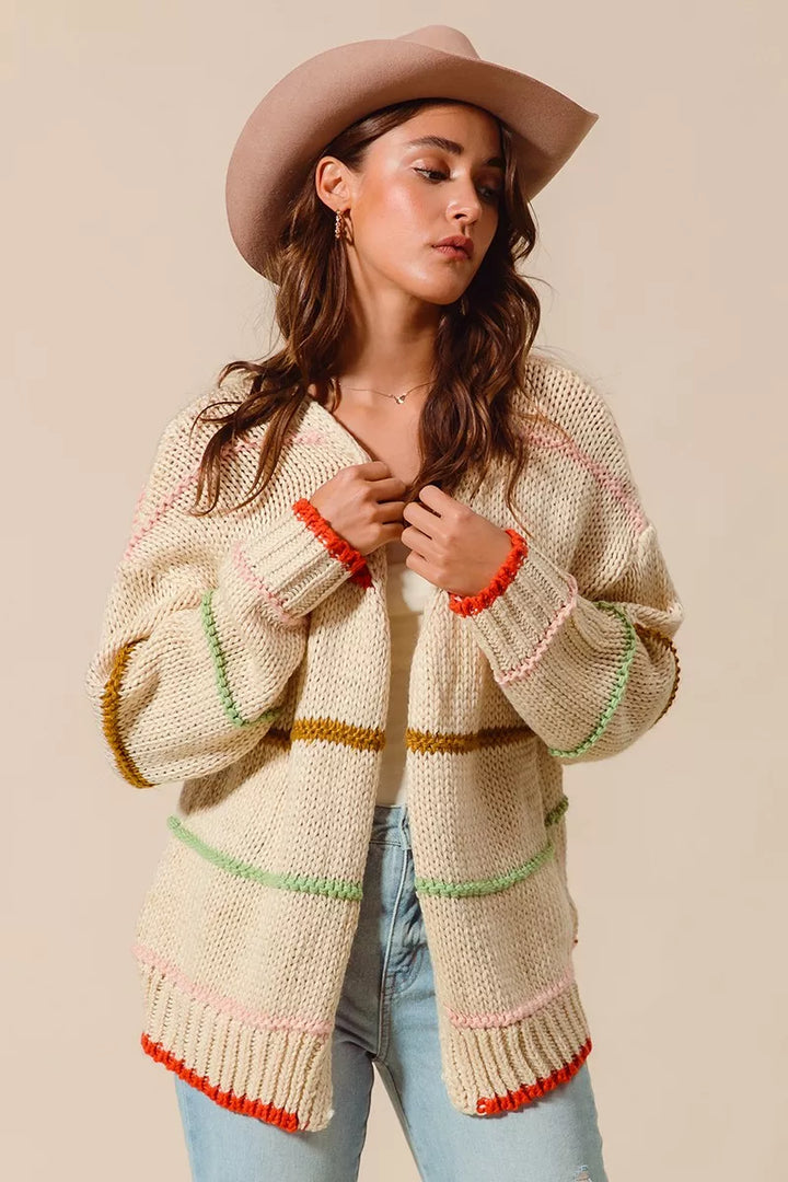 Oatmeal So Me Loose Fit Multi Stripe Open Front Cardigan