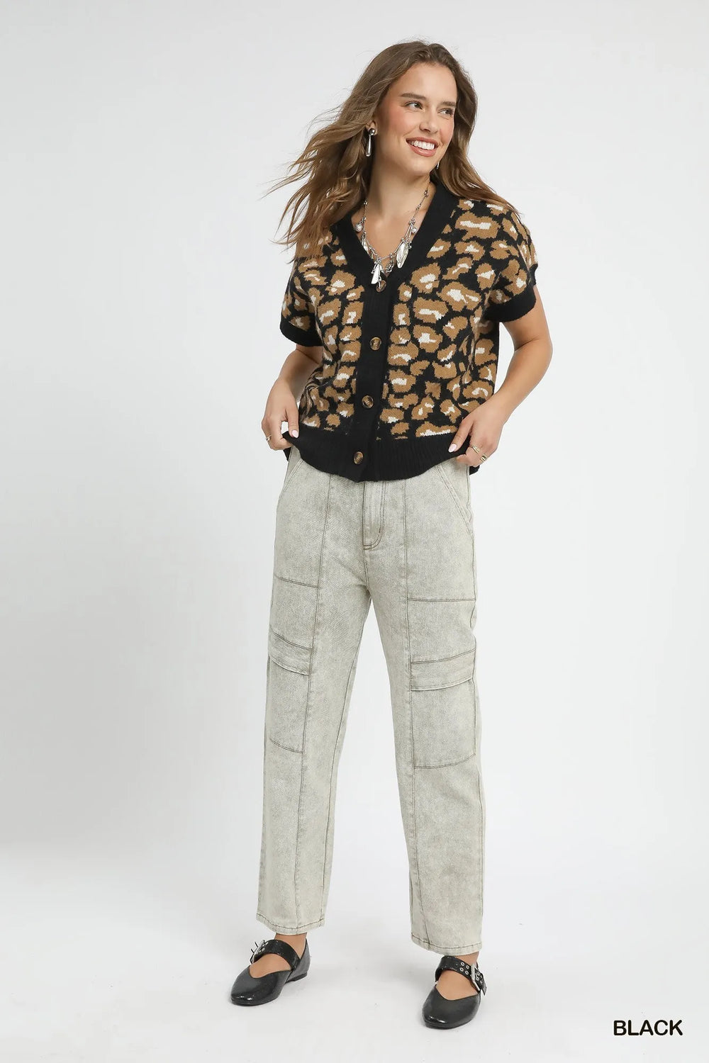 Black Umgee Leopard Button Down Short Sleeve Cardigan 1