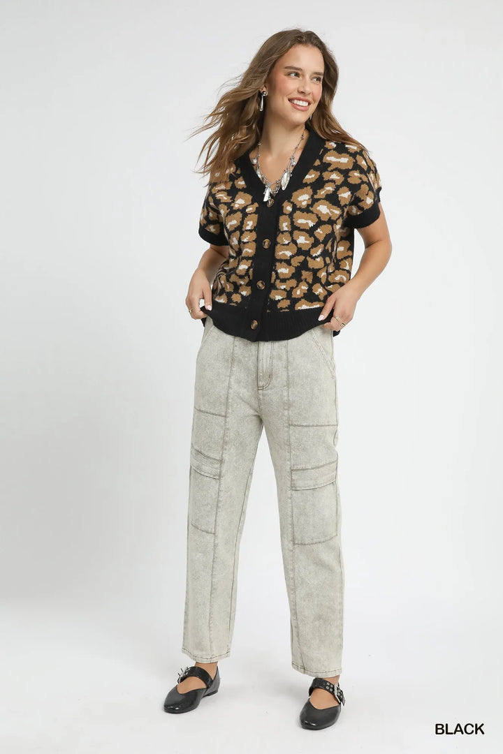 Black Umgee Leopard Button Down Short Sleeve Cardigan 1