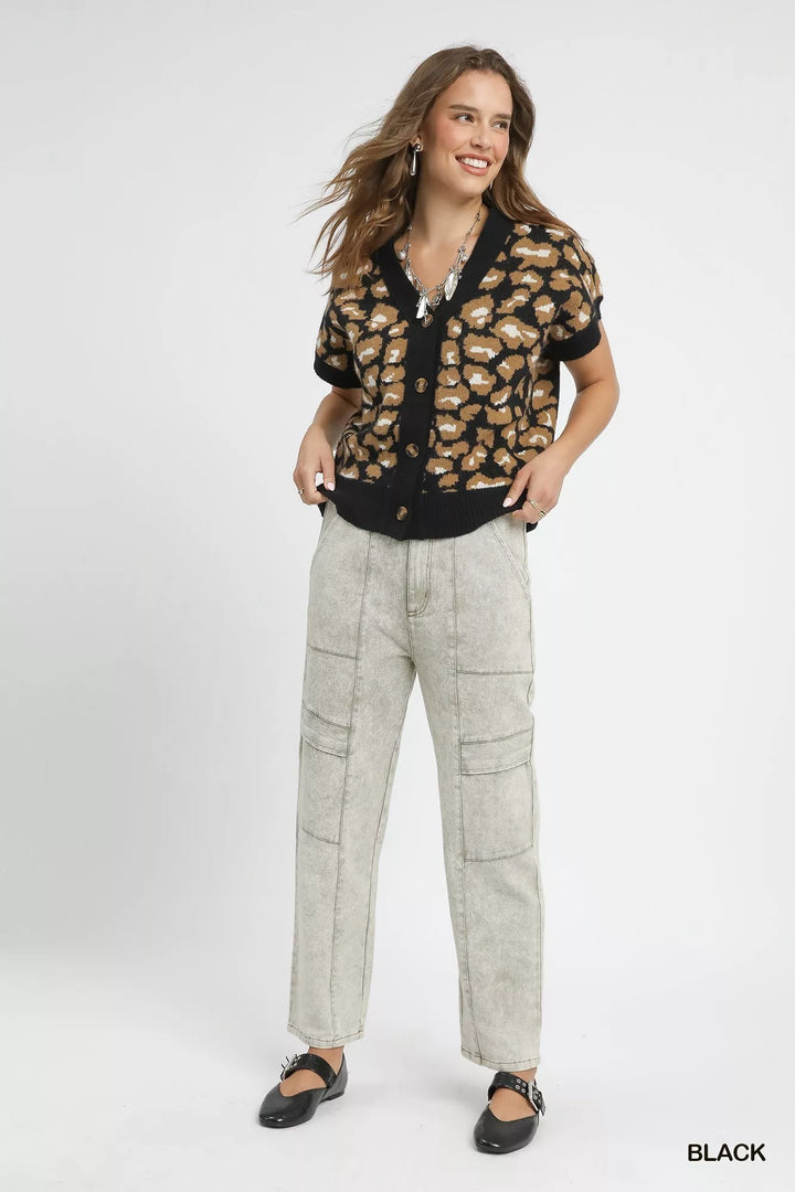 Black Umgee Leopard Button Down Short Sleeve Cardigan 2