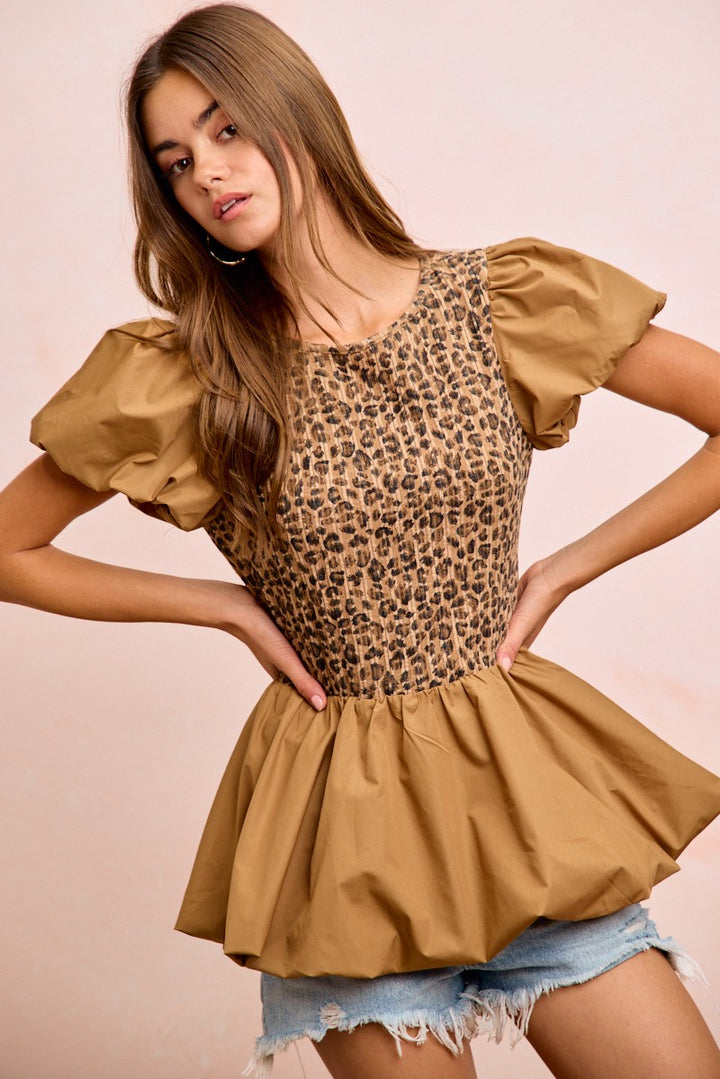 Leopard Bibi Rib Texture Leopard Puff Sleeves Bubble Peplum Top